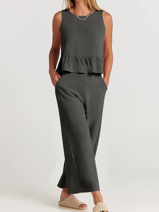 Variant image for Women's Elegant Cotton Linen Loungewear Set with Ruffles-36