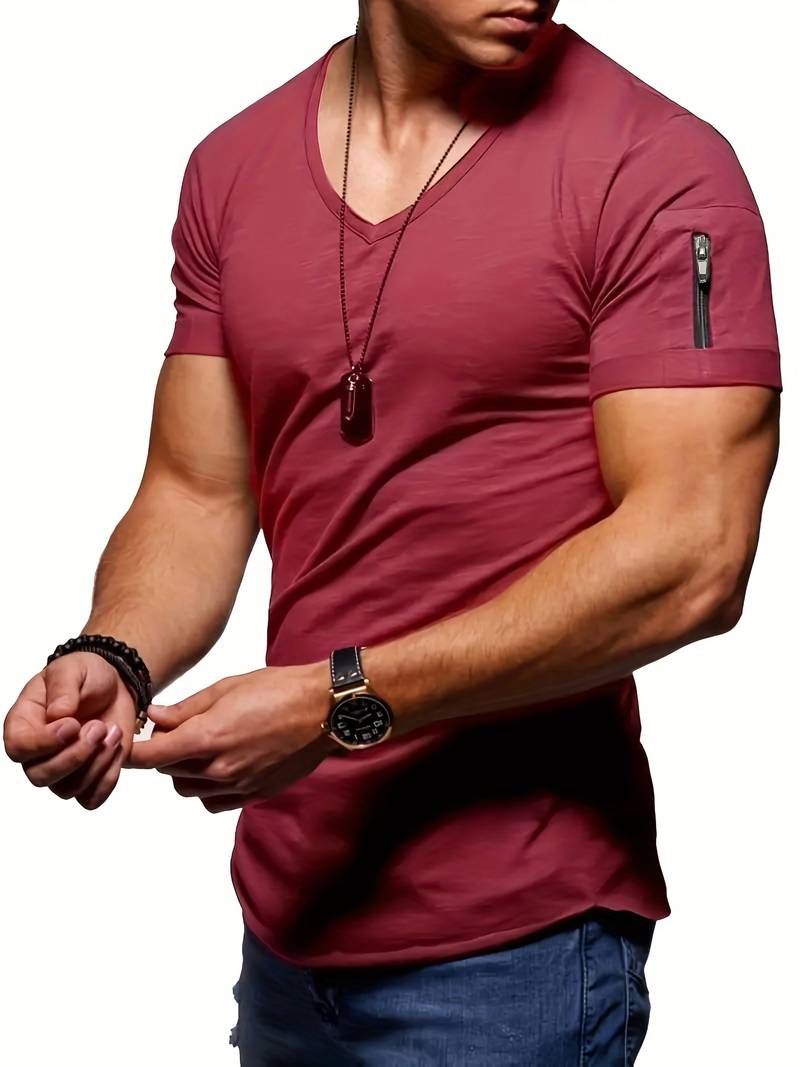 Men's Trendy V-neck Musle Fit Shirt with Zipper Design on Sleeve | Ideal for Everyday Wear