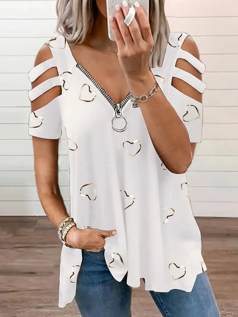 Variant image for Women's Playful Cotton T-Shirt with V-Neckline and Heart Pattern-1