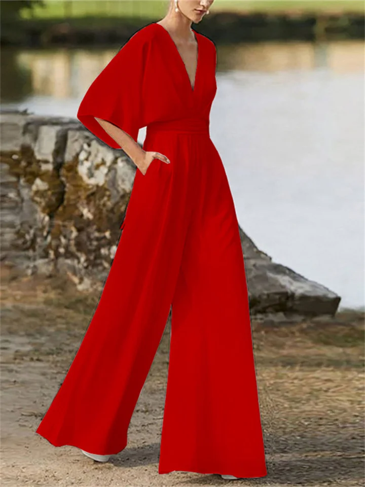 Women’s Stylish Wide-Leg V-Neck Jumpsuit with Batwing Sleeves | Perfect for Casual Days