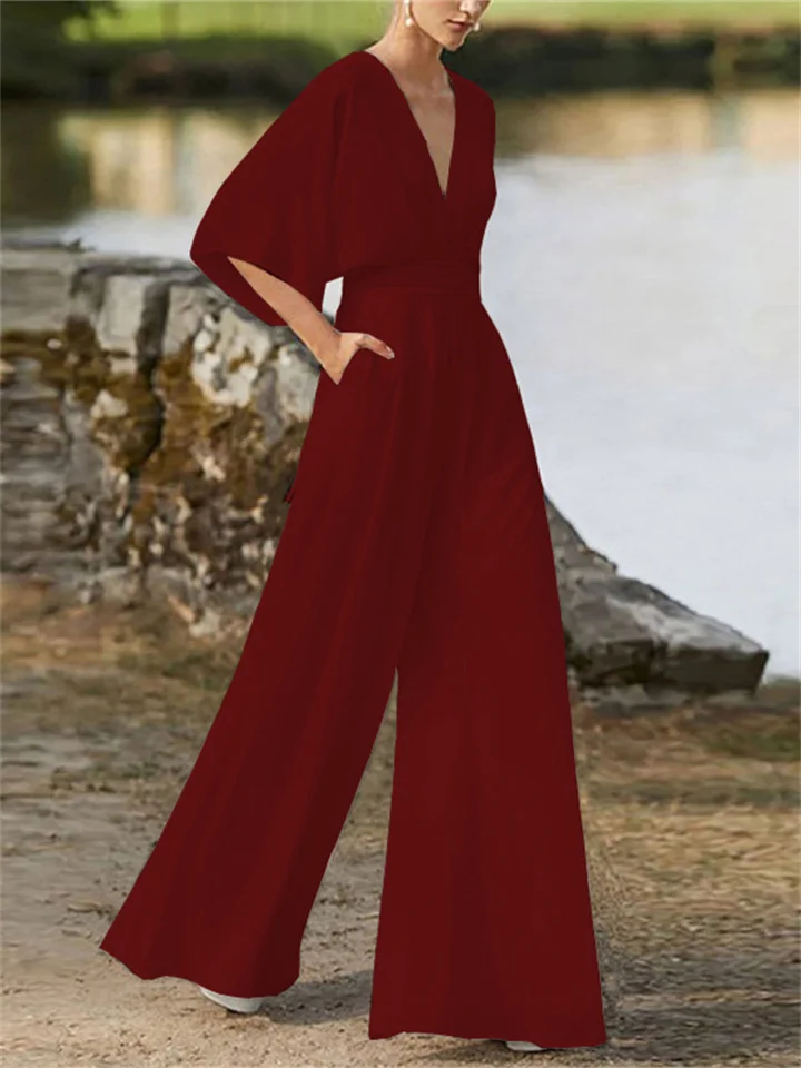 Women’s Stylish Wide-Leg V-Neck Jumpsuit with Batwing Sleeves | Perfect for Casual Days