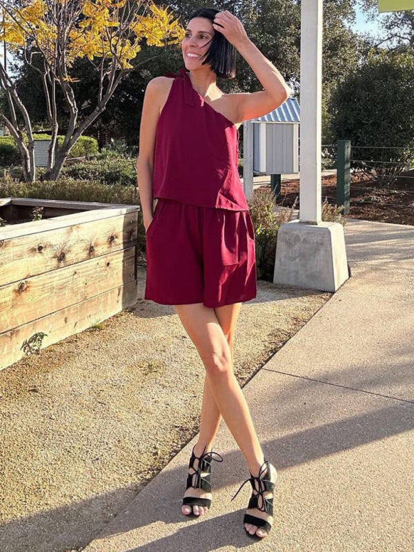 Women's Comfortable Polyester Two-Piece Short Set with Side Pockets