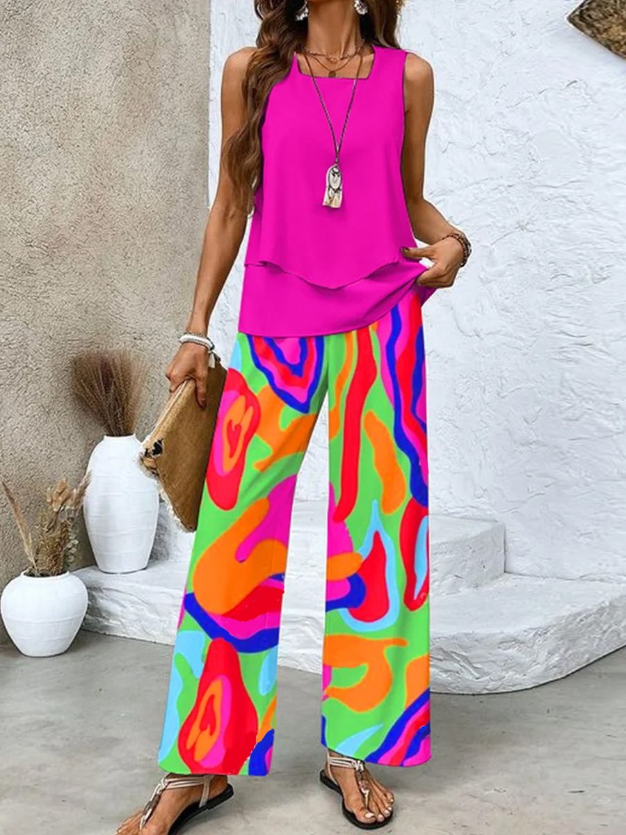 Women’s Chic Multicolor Print Tank Top and Wide-Leg Pants Two-Piece Set | Perfect for Casual Days