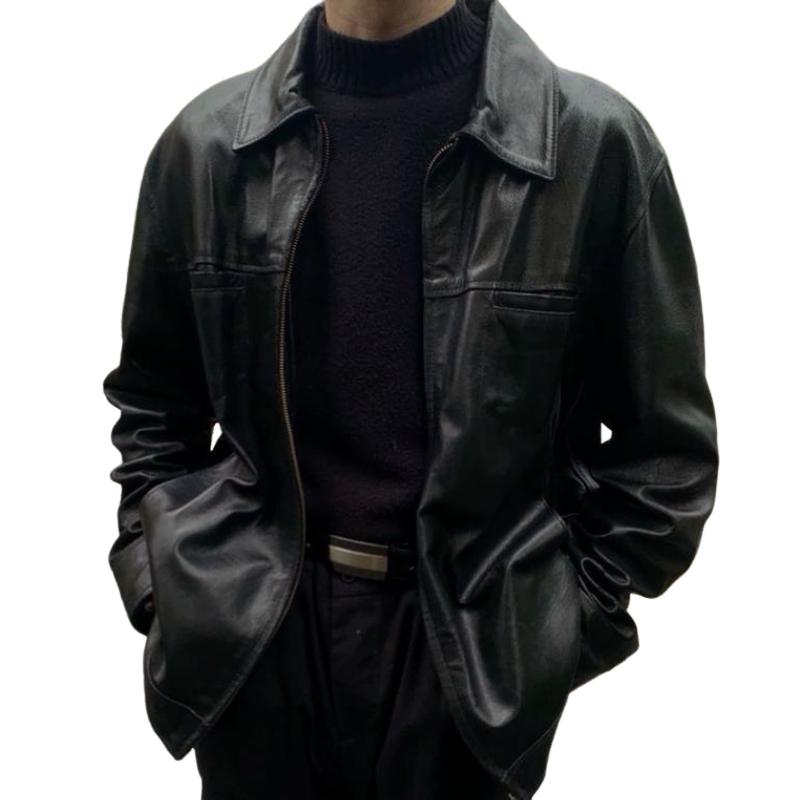 Men's Classic Retro PU Leather Jacket with Lapel Design