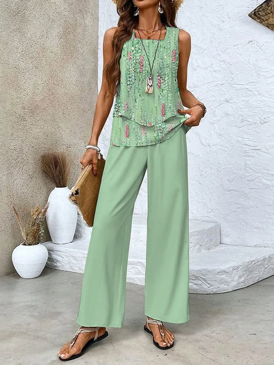 Women’s Chic Multicolor Print Tank Top and Wide-Leg Pants Two-Piece Set | Perfect for Casual Days