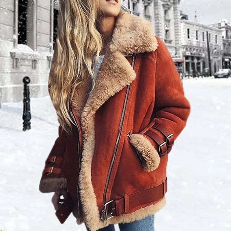 Women's Stylish Leather Jacket with Buckles and Two Deep Pockets