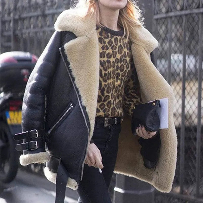 Women's Stylish Leather Jacket with Buckles and Two Deep Pockets