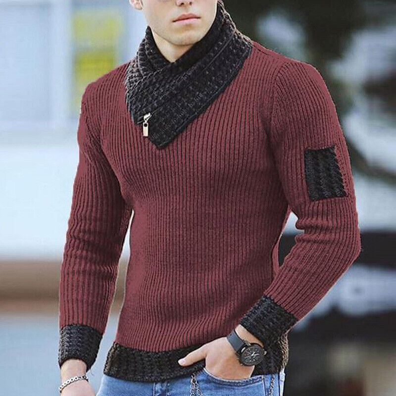 Men's Classic Knitted Sweater with Integrated Scarf