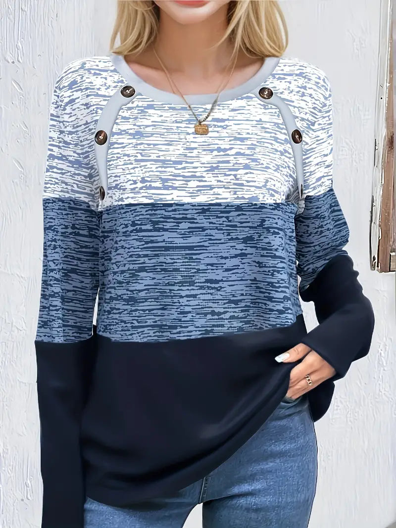 Women's Casual Long Sleeve Colour Block Crew Neck T-Shirt | Ideal for Everyday Wear