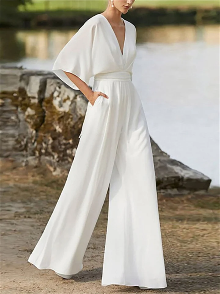 Women’s Stylish Wide-Leg V-Neck Jumpsuit with Batwing Sleeves | Perfect for Casual Days