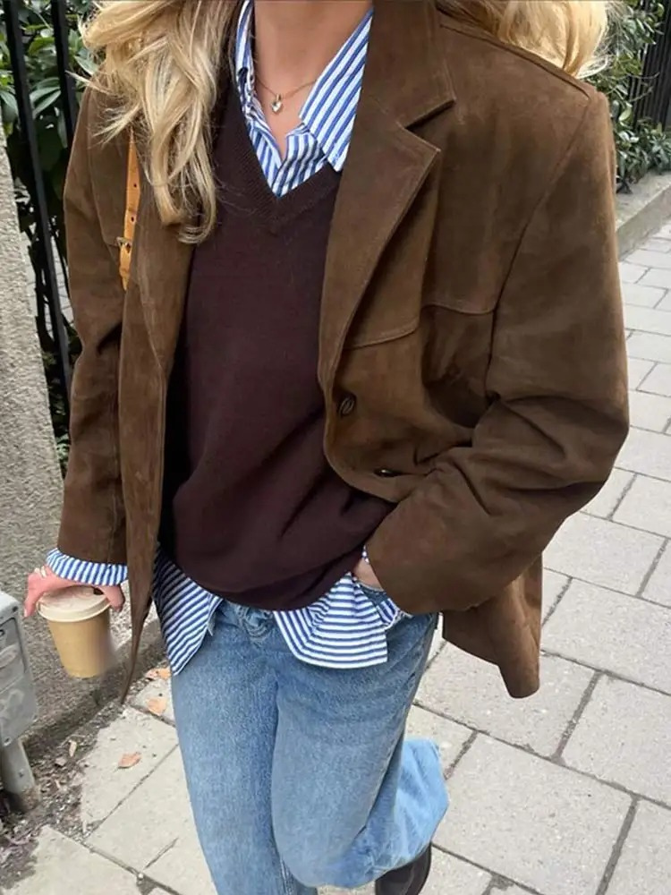Women's Stylish Suede Trench Coat with Wide Lapels and Oversized Fit