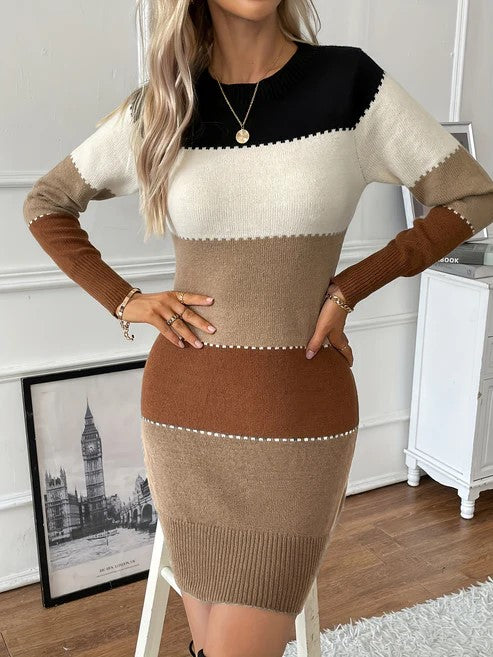 Elegant Color Block Long Sleeve Crew Neck Dress for Women | Perfect for Autumn/Winter