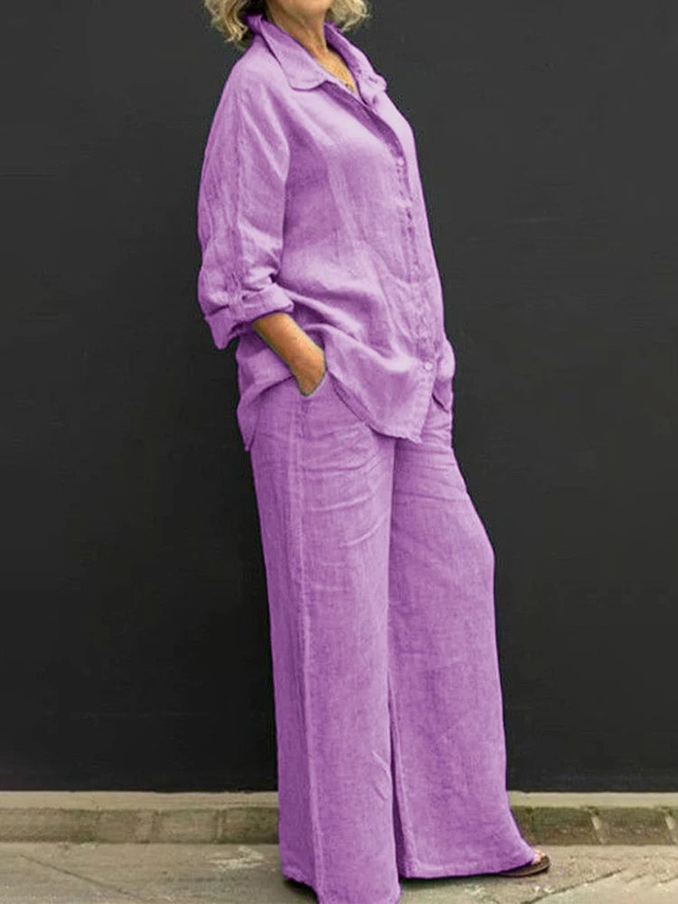 Women's Loose Fit Linen Blouse and Pants Two Piece Set | Perfect for Casual Days