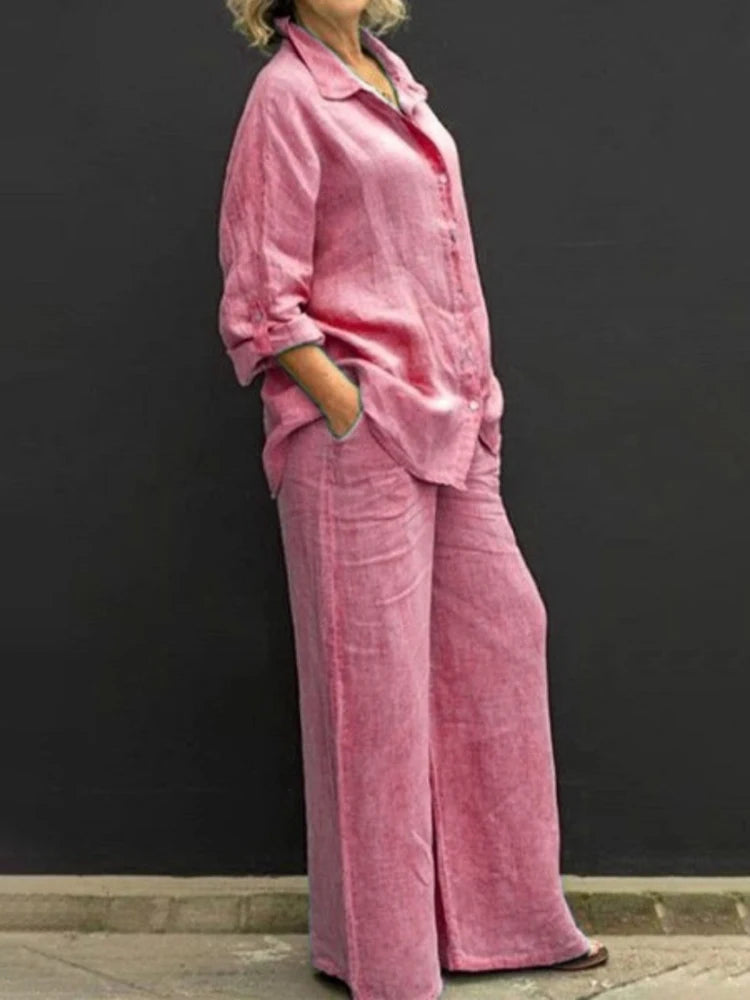 Women's Loose Fit Linen Blouse and Pants Two Piece Set | Perfect for Casual Days