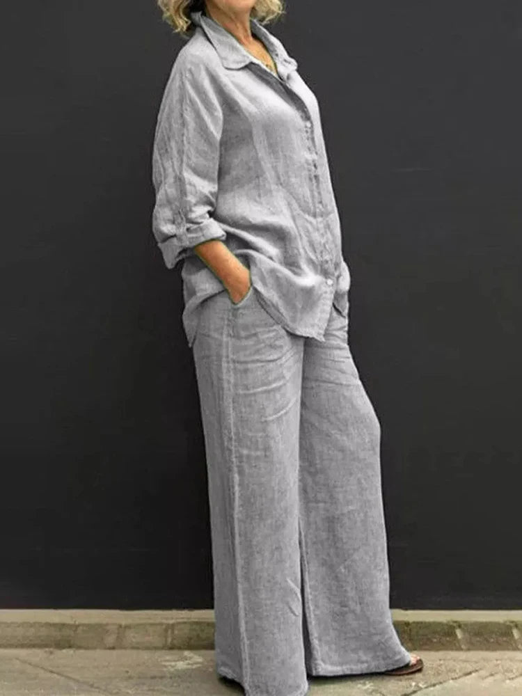 Women's Loose Fit Linen Blouse and Pants Two Piece Set | Perfect for Casual Days