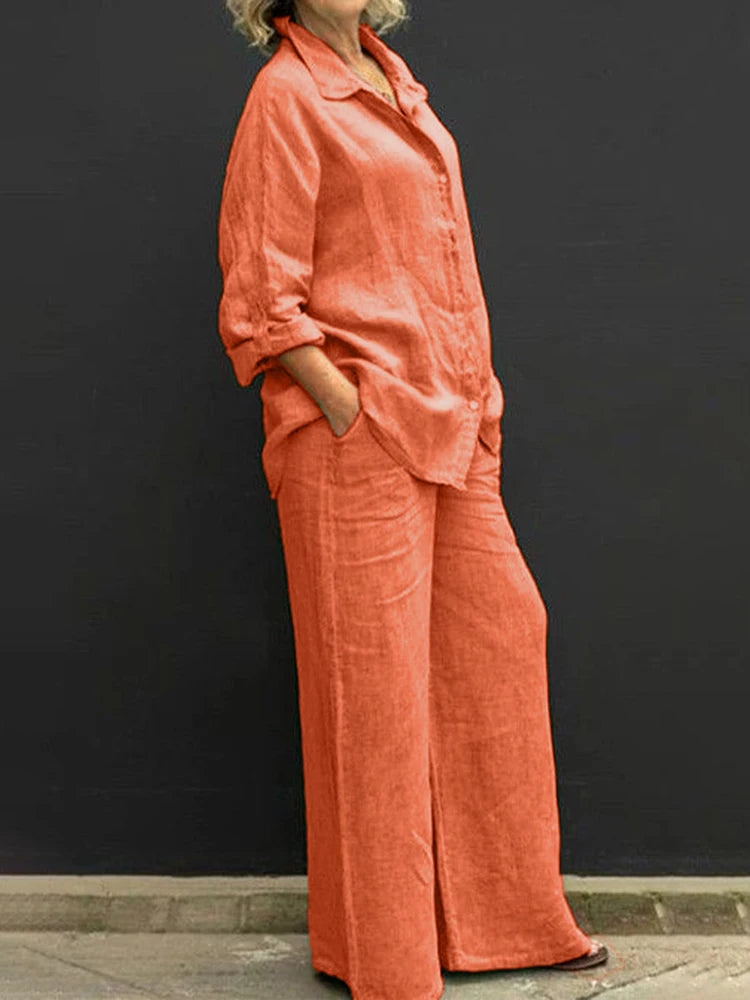 Women's Loose Fit Linen Blouse and Pants Two Piece Set | Perfect for Casual Days