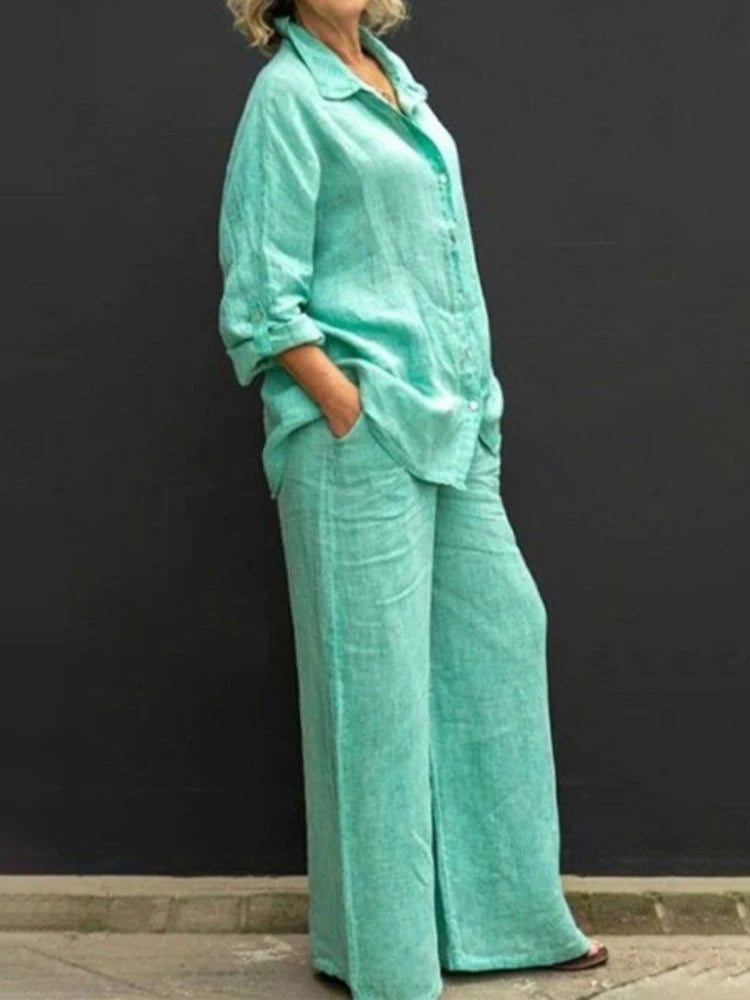 Women's Loose Fit Linen Blouse and Pants Two Piece Set | Perfect for Casual Days