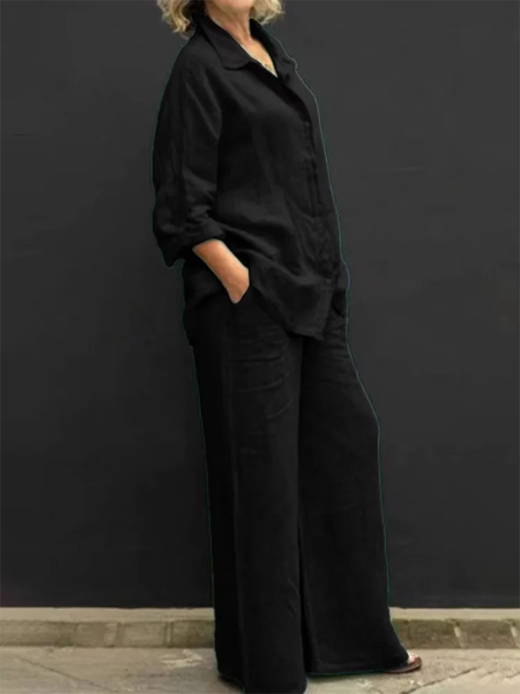 Women's Loose Fit Linen Blouse and Pants Two Piece Set | Perfect for Casual Days