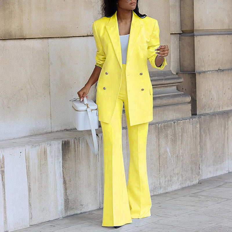 Women's Elegant Buttoned Blazer with Flared Trouser Two-Piece Set | Perfect for All Seasons