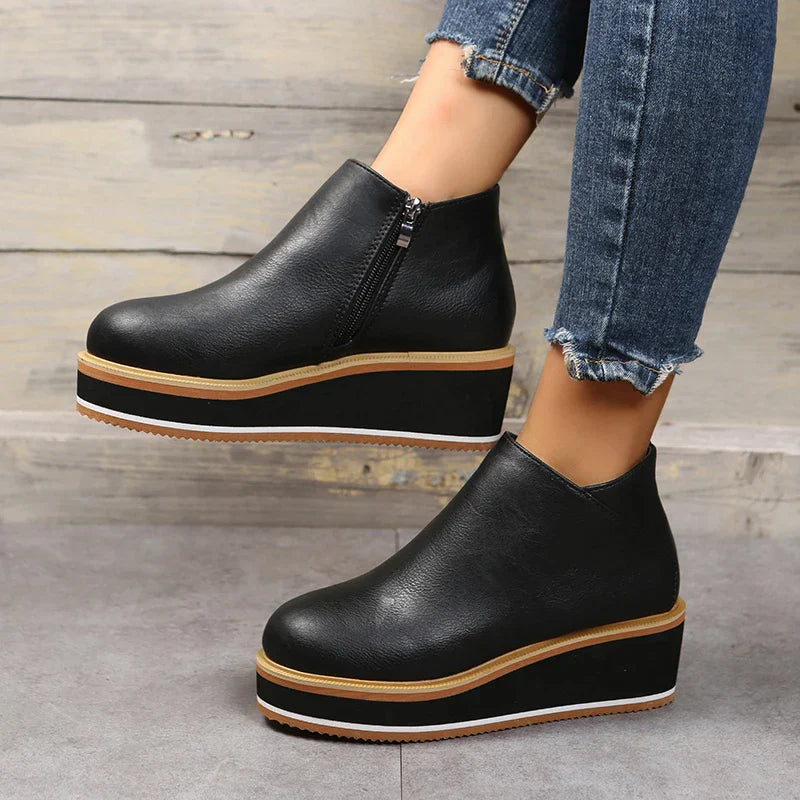 Women's Stylish Leather Ankle Boots with Zipper and Platform Sole