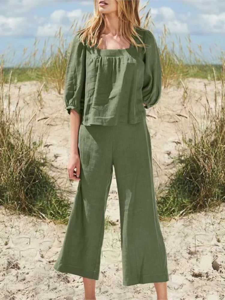 Women's Casual Puff Sleeve Blouse and Pants Linen Two Piece Set | Perfect for Casual Days