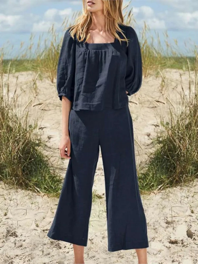 Women's Casual Puff Sleeve Blouse and Pants Linen Two Piece Set | Perfect for Casual Days