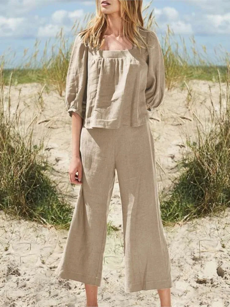 Women's Casual Puff Sleeve Blouse and Pants Linen Two Piece Set | Perfect for Casual Days