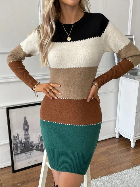 Elegant Color Block Long Sleeve Crew Neck Dress for Women | Perfect for Autumn/Winter