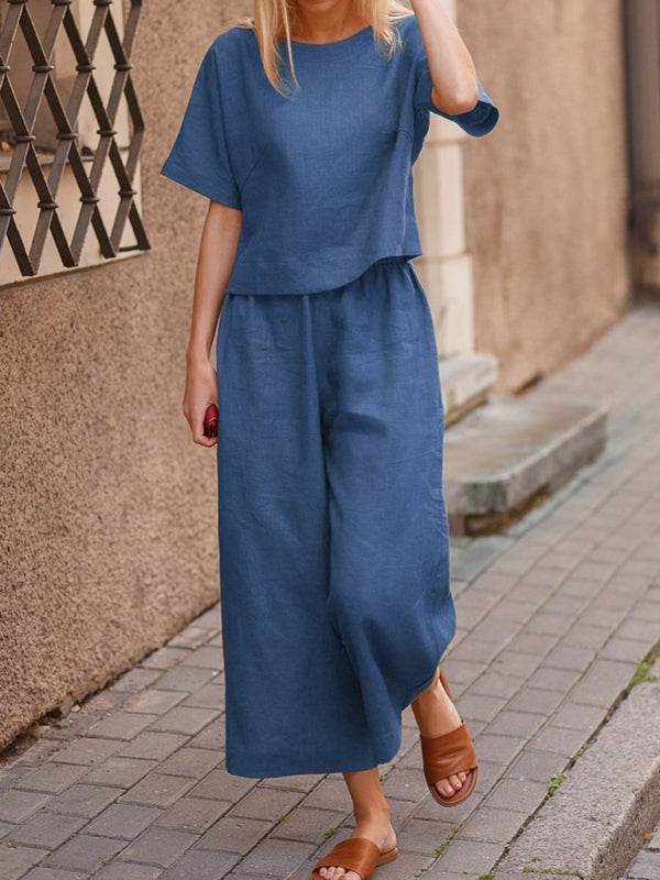 Variant image for Women's Comfortable Cotton Two Piece Pants Set with Wide Leg Design-1