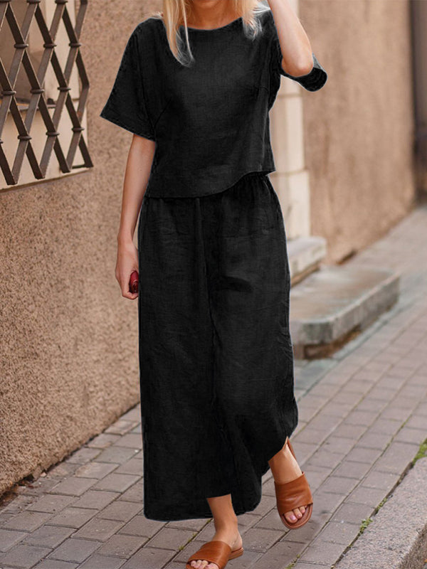 Variant image for Women's Comfortable Cotton Two Piece Pants Set with Wide Leg Design-28