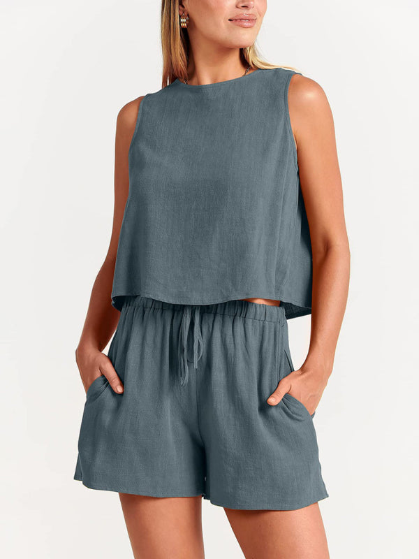 Variant image for Women's Stylish Cotton-Linen Outfit with Matching Shorts and Side Pockets-26