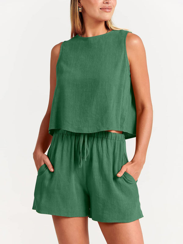 Variant image for Women's Stylish Cotton-Linen Outfit with Matching Shorts and Side Pockets-1